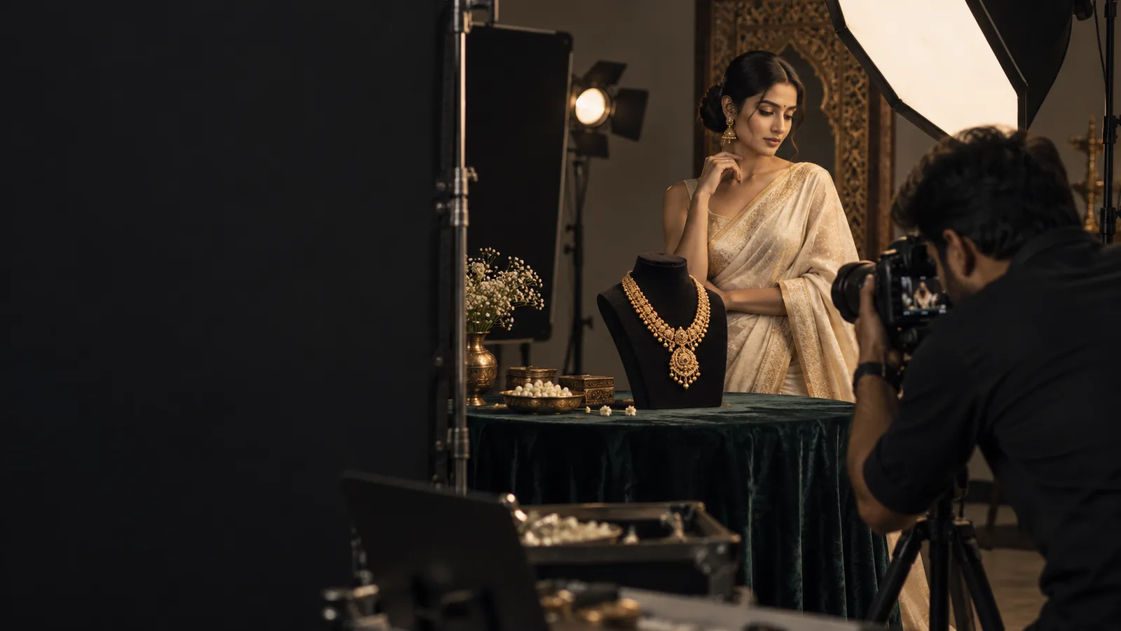 Illustrative Indian photographer shooting a jewellery campaign with a model in a cream saree