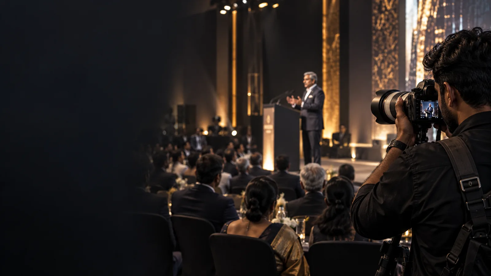 Illustrative Indian photographer capturing a corporate speaker at an event