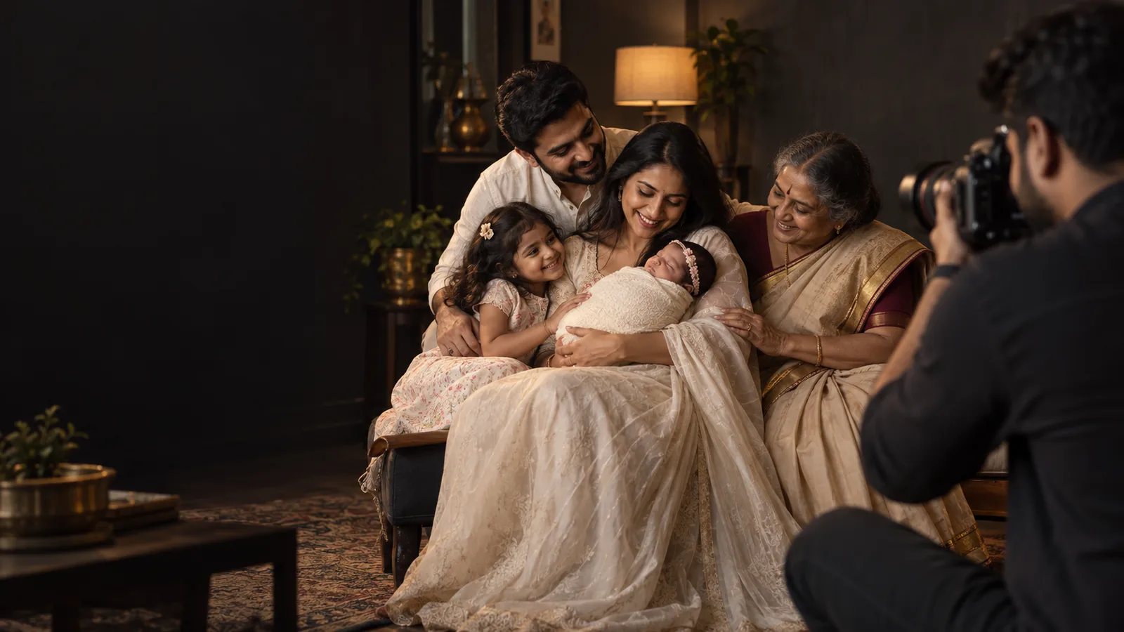 Illustrative Indian photographer capturing a family and newborn portrait