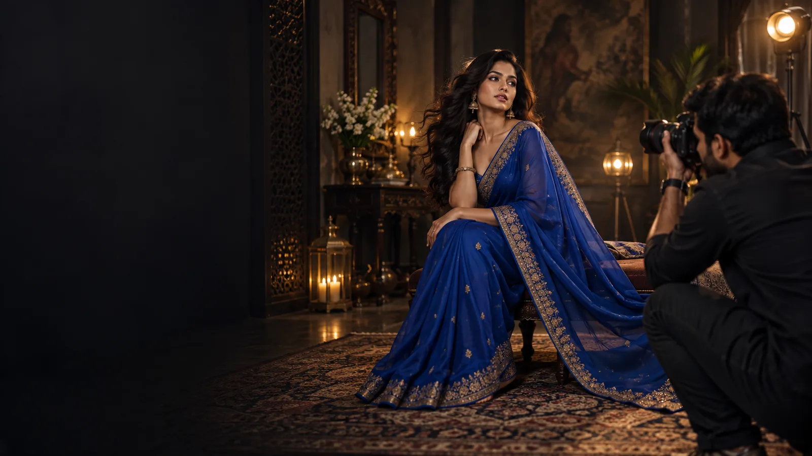 Illustrative Indian photographer photographing a model in a blue saree with open hair