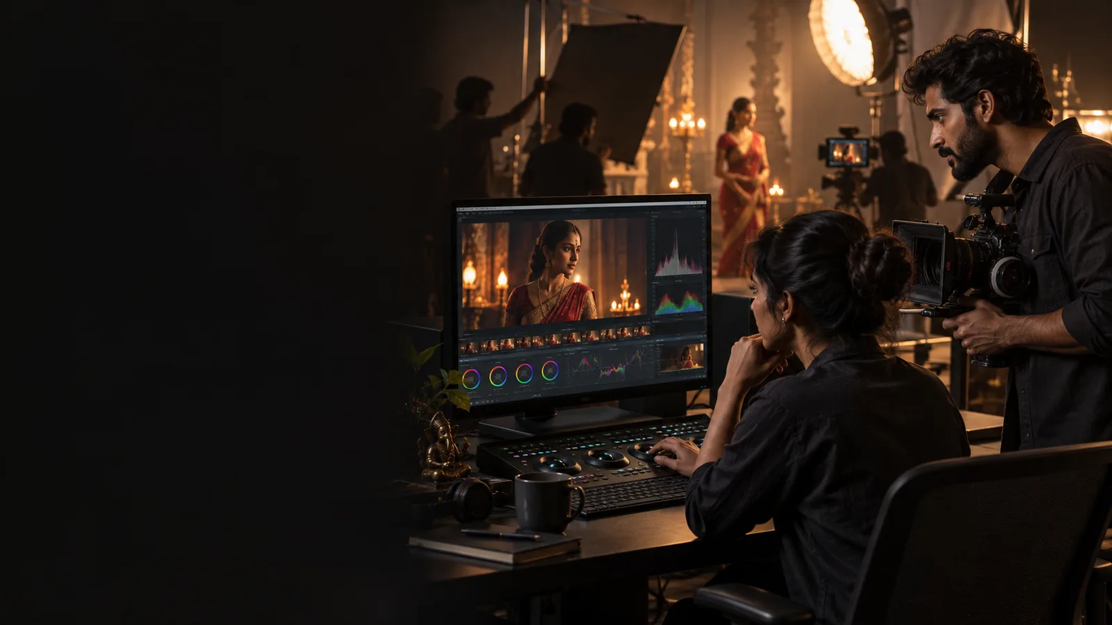 Illustrative Indian photographer and colourist working together on a film edit
