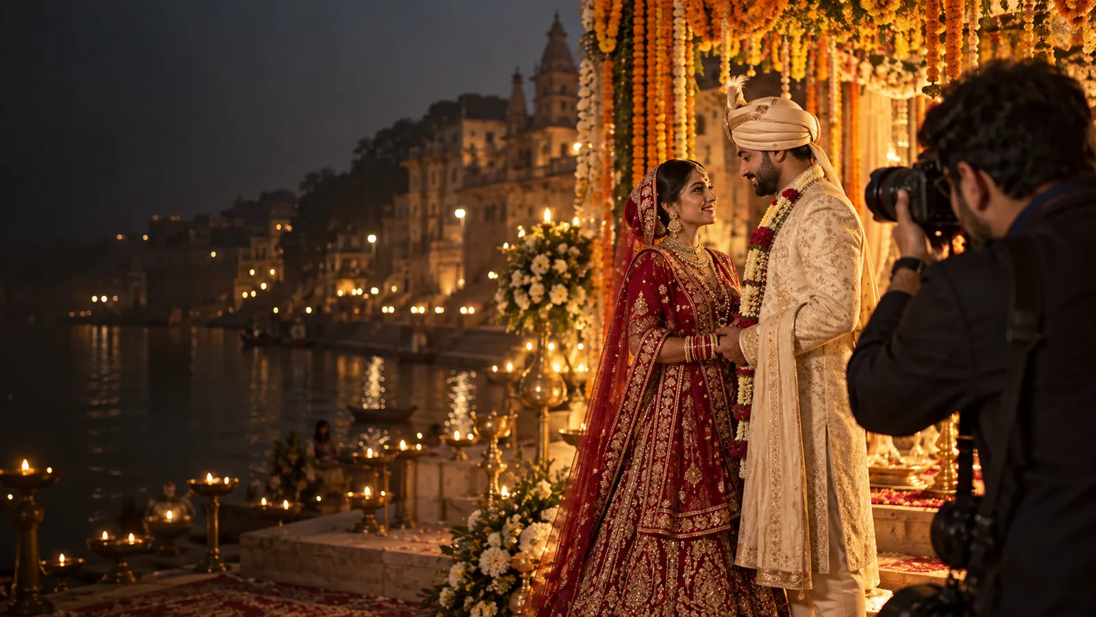 Illustrative Indian photographer photographing a bride and groom at their wedding