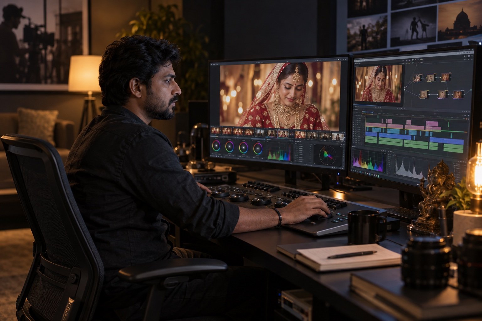 Illustrative Indian film editor at a colour-grading desk