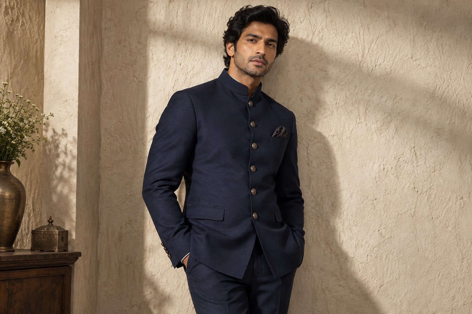 Illustrative Indian male fashion portrait in a blue bandhgala