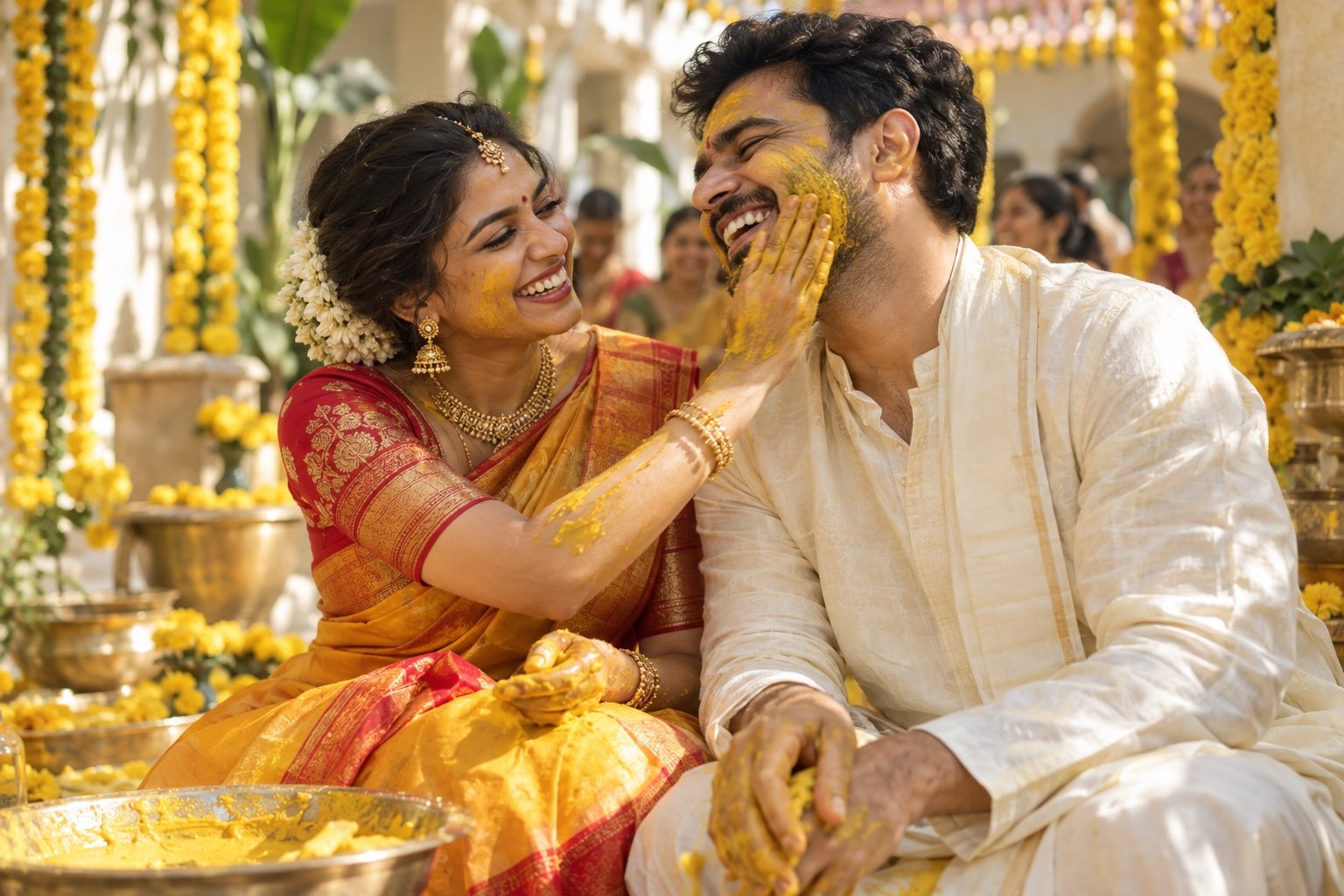 Illustrative Indian couple at a marigold haldi celebration